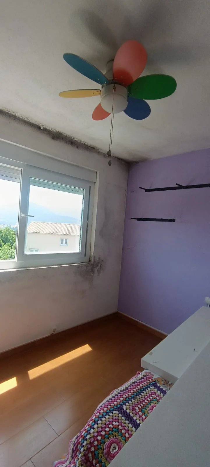 Estado previo del techo. Manchas oscuras en el perímetro del techo de la habitación con ventilador de colores, antes del acabado claro mostrado en otra imagen.